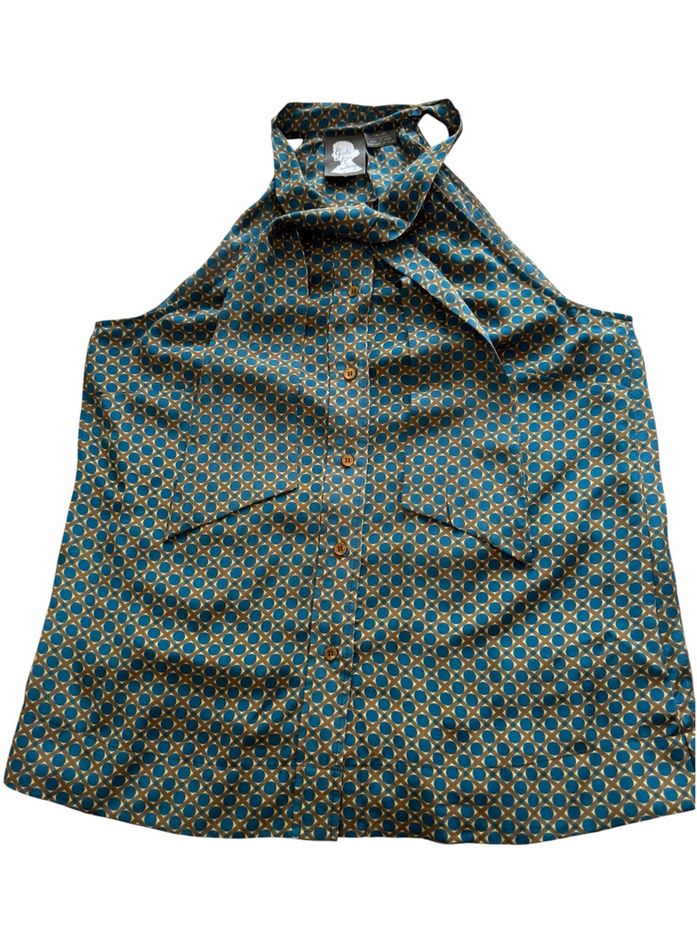 Girls from Savoy Women Blue Brown Sleeveless Silk Top Retro Tie Neck Size 12